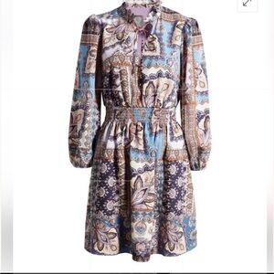 Vince Camuto Print Ruffle Tie Neck Long Sleeve Dress